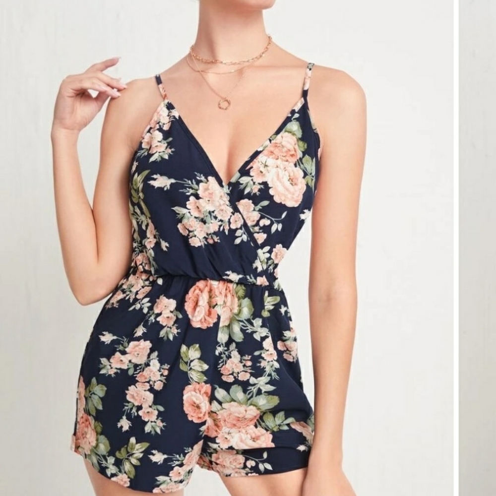 Blue and pink floral tropical spaghetti strap tank romper
